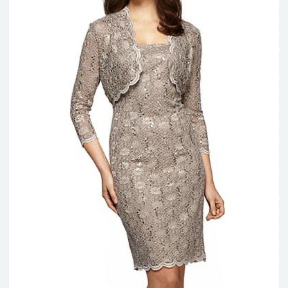 Alex Evenings Champagne Lace‎ Sequin Two Piece Jacket Sleeveless Dress Size 8P